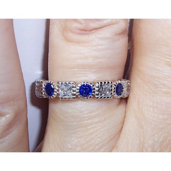 925 STERLING SILVER Blue Spinel & Clear CZ Bezel Set Eternity Band Ring - Picture 3 of 14